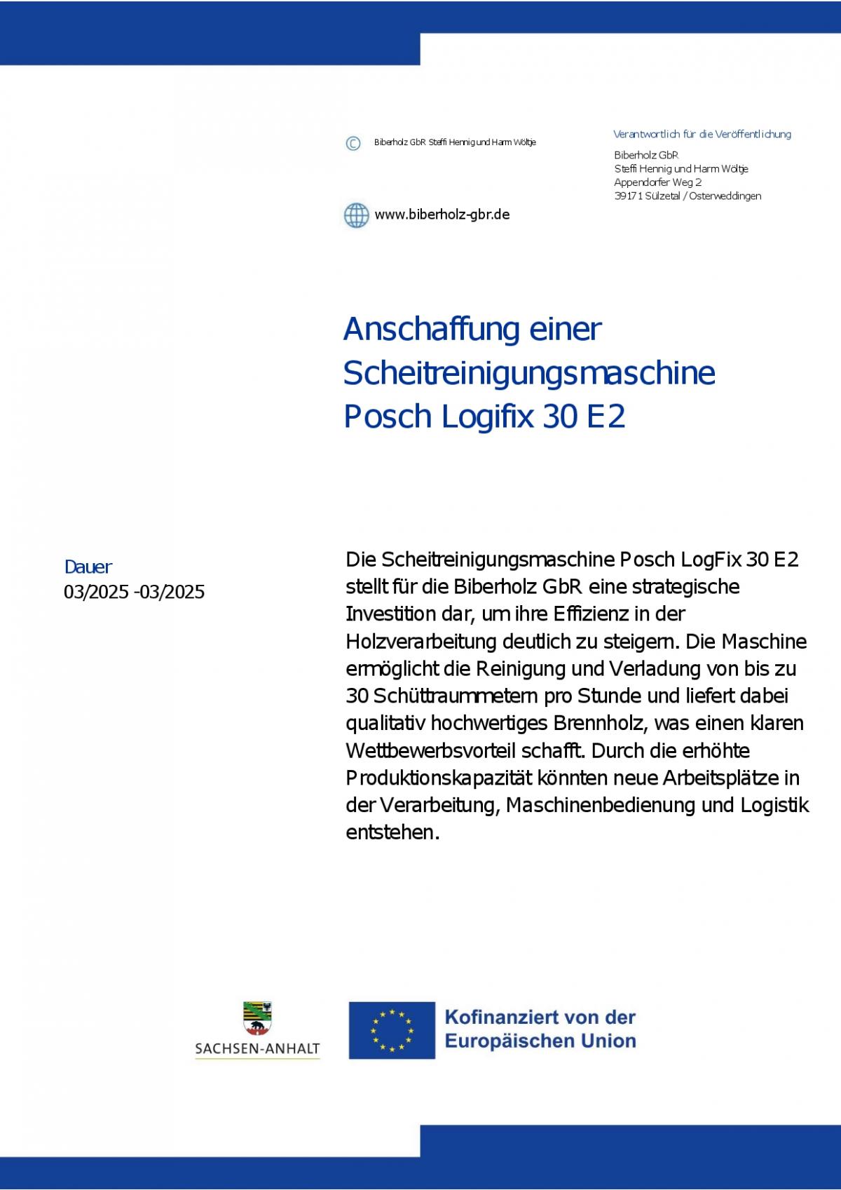 Anschaffung einer Scheitreinigungsmaschine Posch LogFix 30 E2